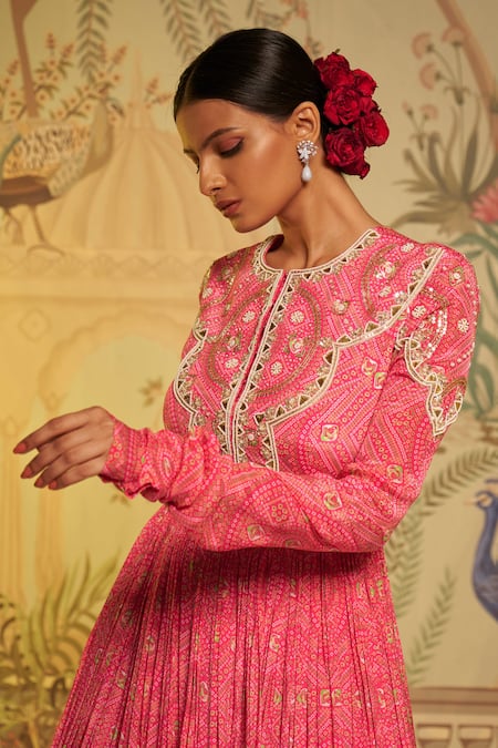 Aayushi Maniar_Pink Anarkali Crepe Silk, Dupatta Net Bandhani Round Print With_at_Aza_Fashions