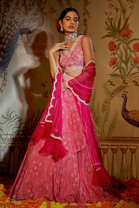 Pink Brocade Silk Bandhani Printed Lehenga Set Design by SAMAAYA JAIPUR at  Pernia's Pop Up Shop 2024