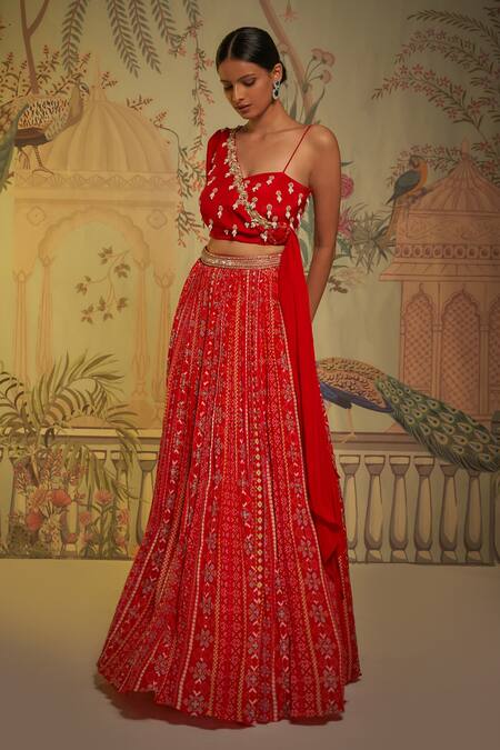 Aayushi Maniar Red Crepe Silk Patola Asymmetric Print Lehenga And Blouse Set Online at Aza Fashions Aayushi Maniar_Red Crepe Silk Patola Asymmetric Print Lehenga And Blouse Set _Online_at_Aza_Fashions