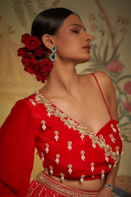 Buy Aayushi Maniar Red Crepe Silk Patola Asymmetric Print Lehenga And Blouse Set Online at Aza Fashions Buy_Aayushi Maniar_Red Crepe Silk Patola Asymmetric Print Lehenga And Blouse Set _Online_at_Aza_Fashions