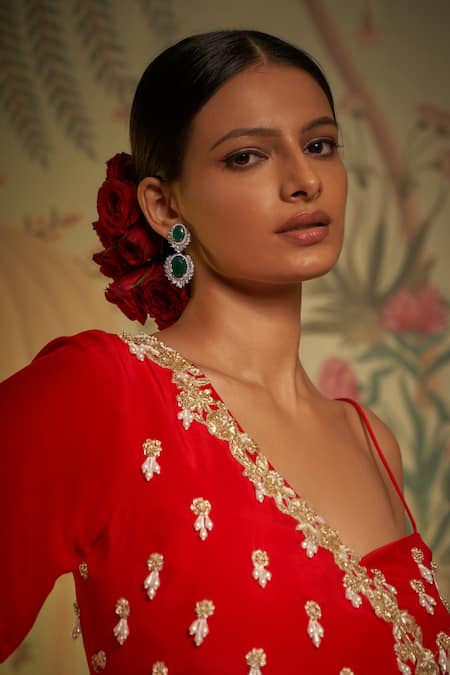 Shop Aayushi Maniar Red Crepe Silk Patola Asymmetric Print Lehenga And Blouse Set Online at Aza Fashions Shop_Aayushi Maniar_Red Crepe Silk Patola Asymmetric Print Lehenga And Blouse Set _Online_at_Aza_Fashions