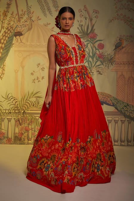 Aayushi Maniar_Red Crepe Silk Floral V Neck Print Anarkali With Dupatta_Online_at_Aza_Fashions