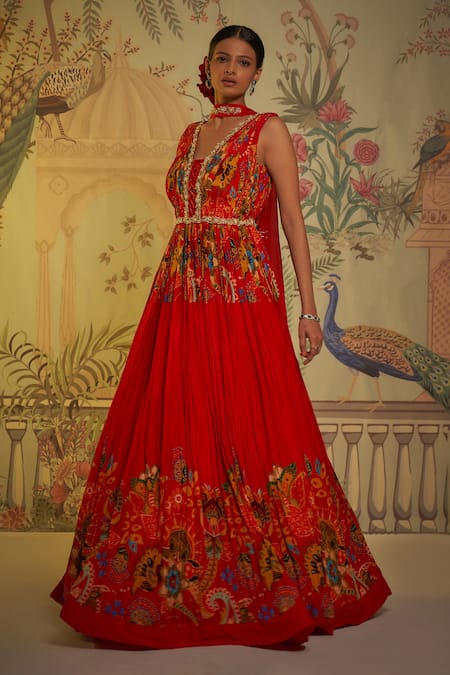 Buy_Aayushi Maniar_Red Crepe Silk Floral V Neck Print Anarkali With Dupatta_Online_at_Aza_Fashions