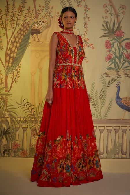 Shop_Aayushi Maniar_Red Crepe Silk Floral V Neck Print Anarkali With Dupatta_Online_at_Aza_Fashions