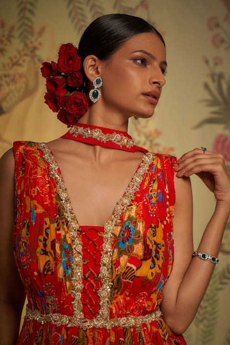 Aayushi Maniar_Red Crepe Silk Floral V Neck Print Anarkali With Dupatta_at_Aza_Fashions