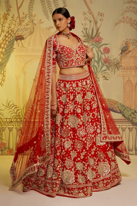 Buy_Aayushi Maniar_Red Dupatta Net, Lehenga And Blouse Raw Silk Guldasta Embroidered Bridal Set_Online_at_Aza_Fashions
