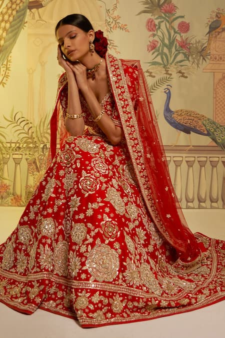 Shop_Aayushi Maniar_Red Dupatta Net, Lehenga And Blouse Raw Silk Guldasta Embroidered Bridal Set_Online_at_Aza_Fashions