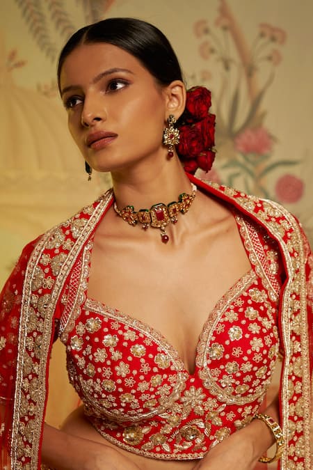 Aayushi Maniar_Red Dupatta Net, Lehenga And Blouse Raw Silk Guldasta Embroidered Bridal Set_at_Aza_Fashions