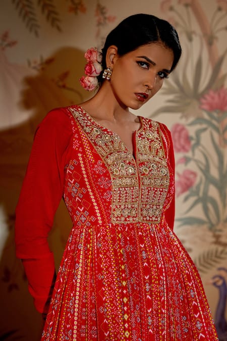 Shop_Aayushi Maniar_Red Anarkali Crepe Silk, Dupatta Net Patola Print, Bead And Metallic Work With_Online_at_Aza_Fashions