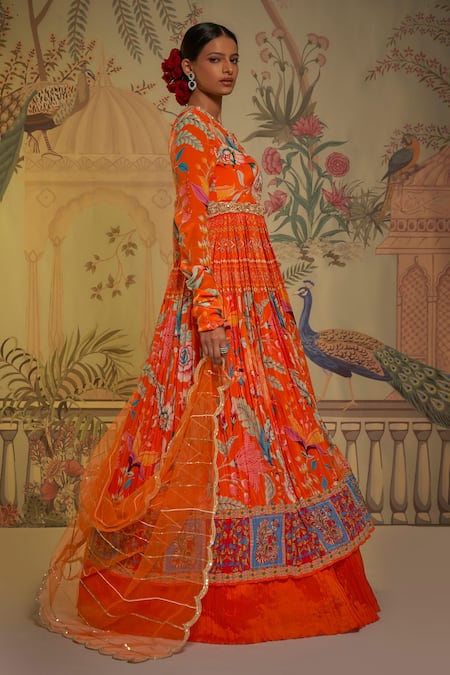 Aayushi Maniar_Orange Anarkali Silk, Dupatta Net, Lehenga Georgette Floral Set_Online_at_Aza_Fashions