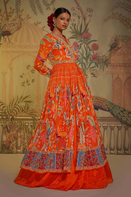 Buy_Aayushi Maniar_Orange Anarkali Silk, Dupatta Net, Lehenga Georgette Floral Set_Online_at_Aza_Fashions