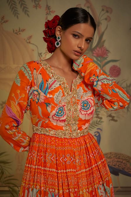 Shop_Aayushi Maniar_Orange Anarkali Silk, Dupatta Net, Lehenga Georgette Floral Set_Online_at_Aza_Fashions