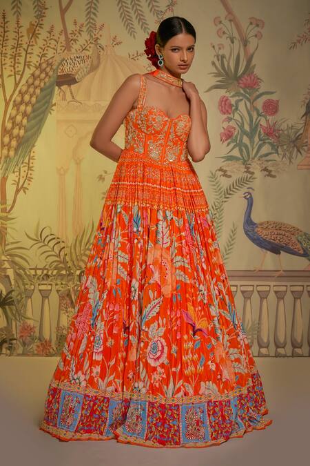 Aayushi Maniar_Orange Anarkali Silk, Dupatta Georgette Floral Print, Corset With_Online_at_Aza_Fashions