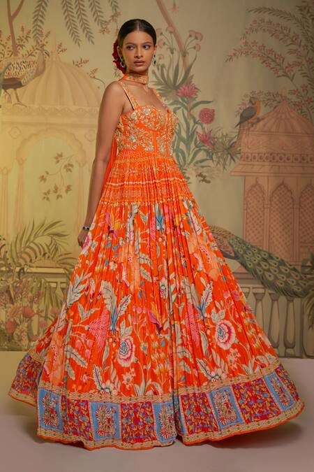 Buy_Aayushi Maniar_Orange Anarkali Silk, Dupatta Georgette Floral Print, Corset With_Online_at_Aza_Fashions
