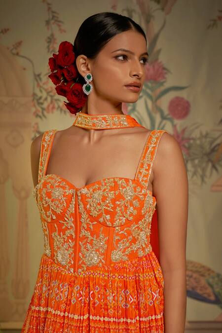 Aayushi Maniar_Orange Anarkali Silk, Dupatta Georgette Floral Print, Corset With_at_Aza_Fashions