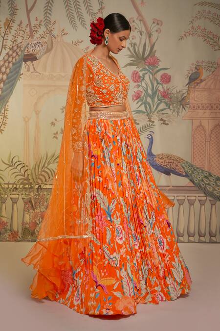 Aayushi Maniar_Orange Net, Lehenga Crepe Silk Floral Print, Bead And Metallic Work One Set_Online_at_Aza_Fashions