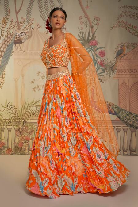 Buy_Aayushi Maniar_Orange Net, Lehenga Crepe Silk Floral Print, Bead And Metallic Work One Set_Online_at_Aza_Fashions