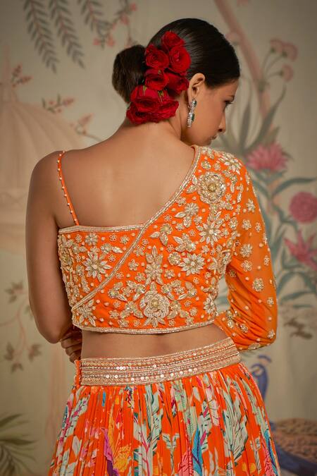 Aayushi Maniar_Orange Net, Lehenga Crepe Silk Floral Print, Bead And Metallic Work One Set_at_Aza_Fashions