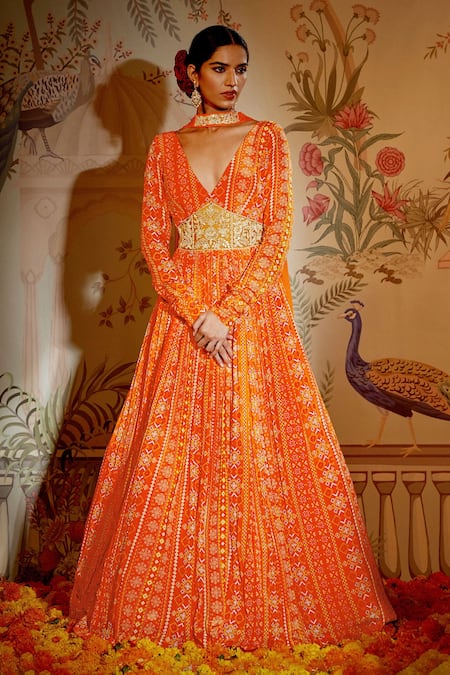 Aayushi Maniar Orange Anarkali Crepe Silk Printed And Hand Embroidered Patola With Dupatta 