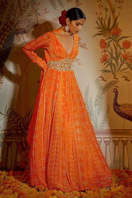 Shop_Aayushi Maniar_Orange Anarkali Silk, Dupatta Georgette Patola Print, Bead And With _at_Aza_Fashions