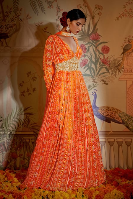 Aayushi Maniar_Orange Anarkali Silk, Dupatta Georgette Patola Print, Bead And With _Online_at_Aza_Fashions