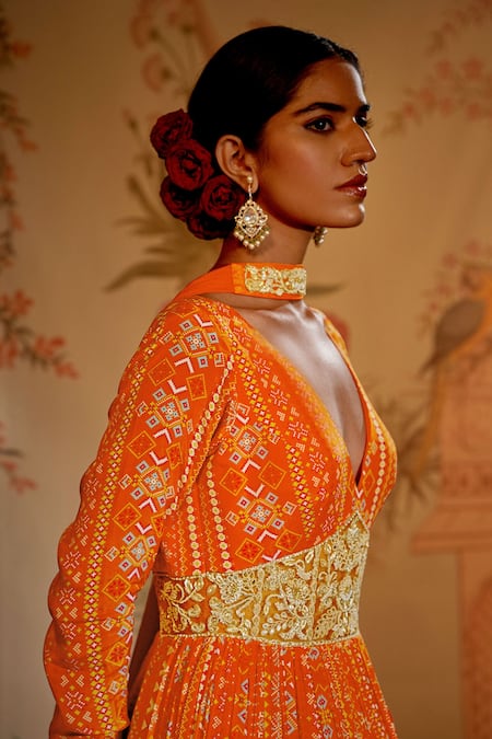 Buy_Aayushi Maniar_Orange Anarkali Silk, Dupatta Georgette Patola Print, Bead And With _Online_at_Aza_Fashions