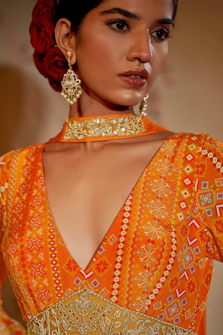 Shop_Aayushi Maniar_Orange Anarkali Silk, Dupatta Georgette Patola Print, Bead And With _Online_at_Aza_Fashions