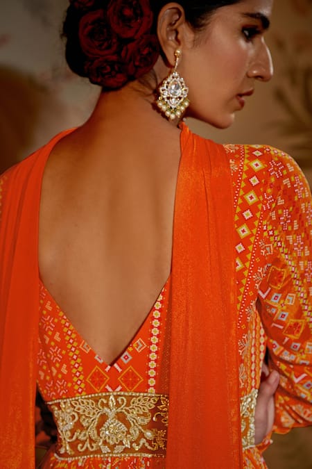 Aayushi Maniar_Orange Anarkali Silk, Dupatta Georgette Patola Print, Bead And With _at_Aza_Fashions