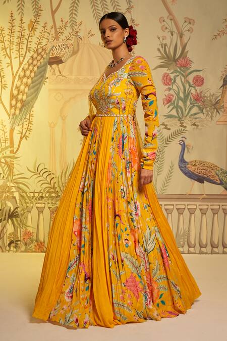 Aayushi Maniar_Yellow Anarkali Georgette And Silk, Dupatta Swiss Net Amber With_Online_at_Aza_Fashions