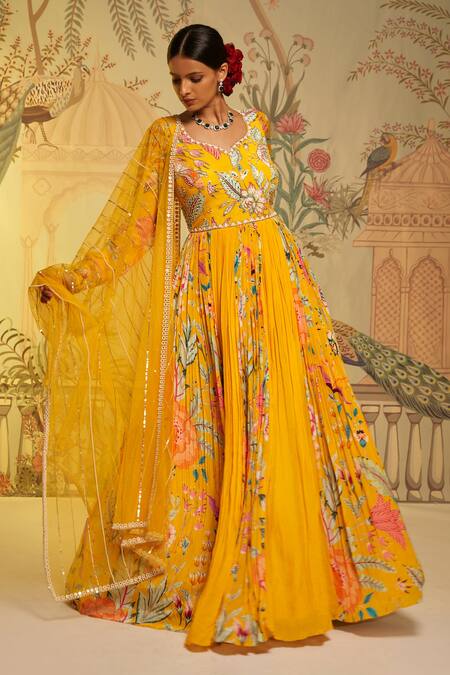 Buy_Aayushi Maniar_Yellow Anarkali Georgette And Silk, Dupatta Swiss Net Amber With_Online_at_Aza_Fashions