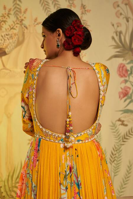 Aayushi Maniar_Yellow Anarkali Georgette And Silk, Dupatta Swiss Net Amber With_at_Aza_Fashions