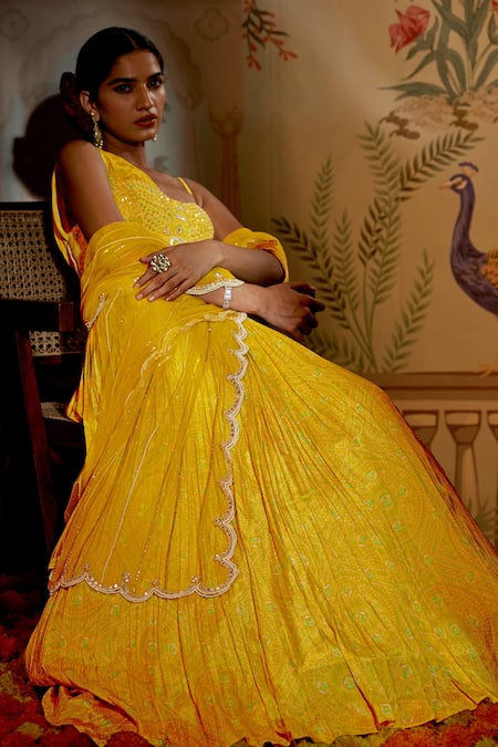 Buy Sweet Yellow Gaji Silk Reception Lehenga Choli With Bandhani Dupatta -  Zeel Clothing