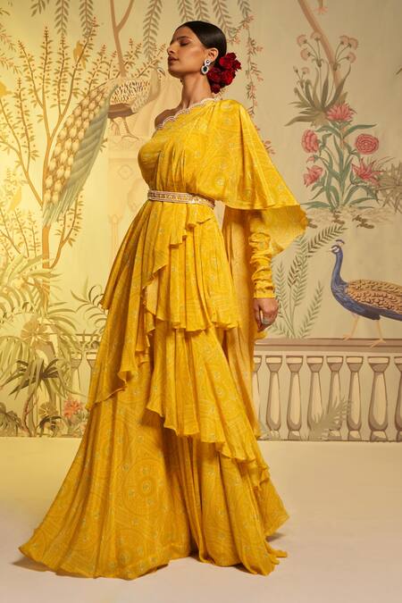 Aayushi Maniar_Yellow Crepe Silk Bandhani Print, Bead And Metallic Work Draped Saree With Blouse_Online_at_Aza_Fashions