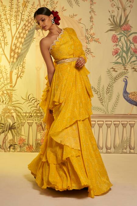 Buy_Aayushi Maniar_Yellow Crepe Silk Bandhani Print, Bead And Metallic Work Draped Saree With Blouse_Online_at_Aza_Fashions