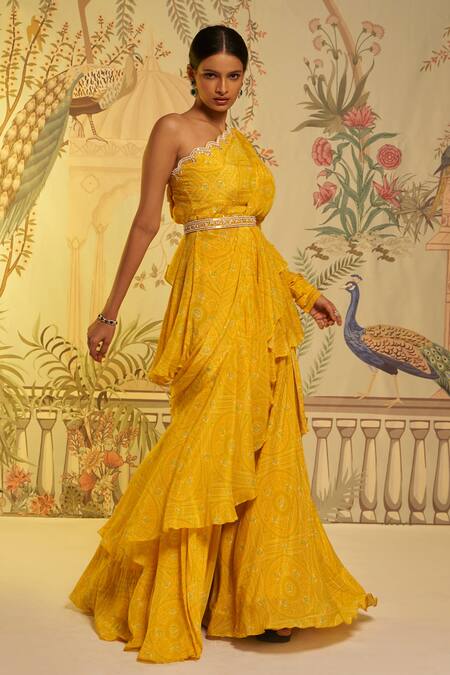 Shop_Aayushi Maniar_Yellow Crepe Silk Bandhani Print, Bead And Metallic Work Draped Saree With Blouse_Online_at_Aza_Fashions