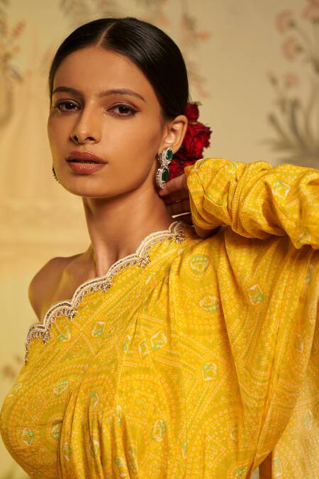 Aayushi Maniar_Yellow Crepe Silk Bandhani Print, Bead And Metallic Work Draped Saree With Blouse_at_Aza_Fashions