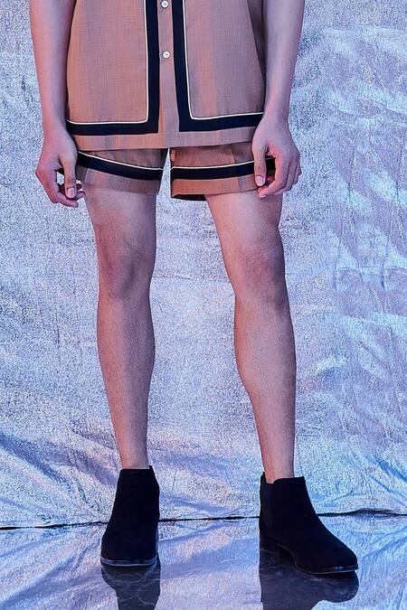 Line Out Line_Beige Striped Solid Micro Shorts_Online_at_Aza_Fashions