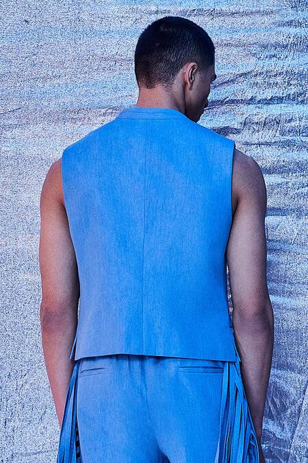 Line Out Line_Blue Denim Streamline Arched Vest Jacket_at_Aza_Fashions