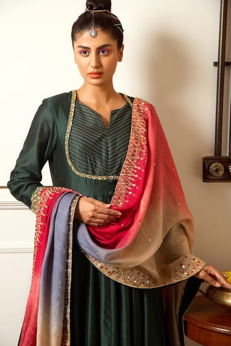 Loka By Veerali Raveshia_Green Chanderi , Banarasi , Tussar Mirror, Kalidar Kurta Set _Online_at_Aza_Fashions