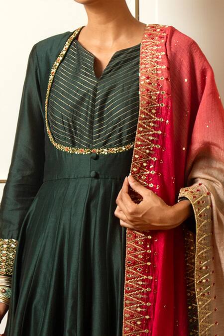 Buy_Loka By Veerali Raveshia_Green Chanderi , Banarasi , Tussar Mirror, Kalidar Kurta Set _Online_at_Aza_Fashions