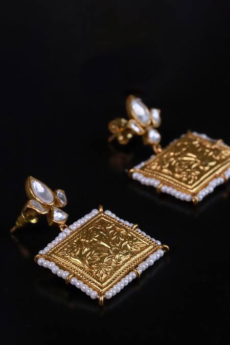 Shop_Osvag India_Gold Plated Stones Geometric Embellished Earrings _at_Aza_Fashions