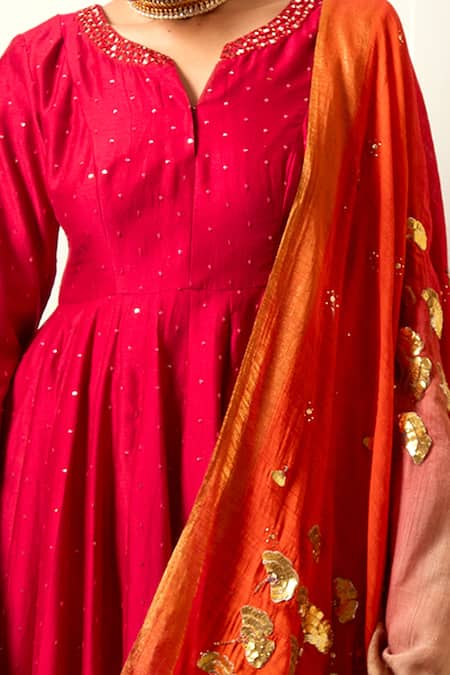 Buy_Loka By Veerali Raveshia_Red Chanderi Silk, Tussar Silk, Cotton Mul Mirror, Sequin, Kalidar Kurta Set _Online_at_Aza_Fashions