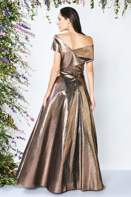 Shop_Shivani Awasty_Gold Lame Bandeau Flared Metallic Gown _at_Aza_Fashions