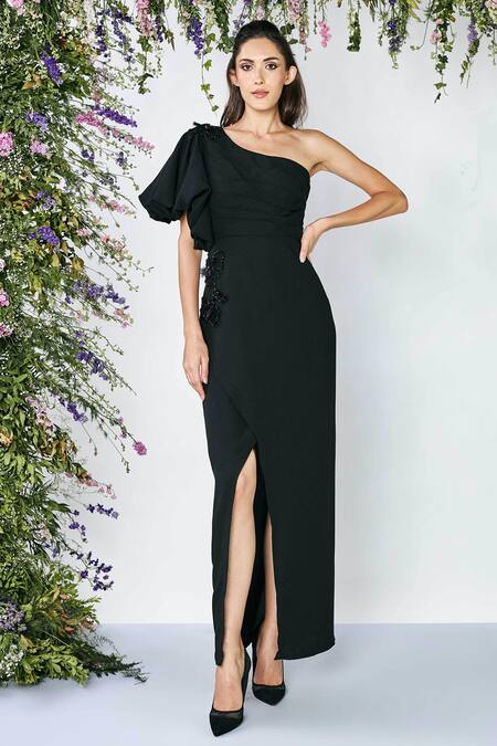 Shivani Awasty_Black Poly Blend Crepe Sequin, Beads Bandeau Embroidered One-shoulder Gown _Online_at_Aza_Fashions