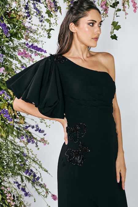 Buy_Shivani Awasty_Black Poly Blend Crepe Sequin, Beads Bandeau Embroidered One-shoulder Gown _Online_at_Aza_Fashions