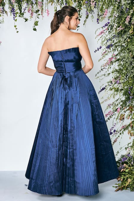 Shop_Shivani Awasty_Blue Silk Tafetta Bandeau Pleated Metallic Gown _at_Aza_Fashions