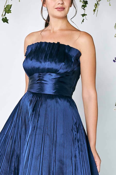Shivani Awasty_Blue Silk Tafetta Bandeau Pleated Metallic Gown _Online_at_Aza_Fashions