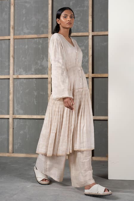 Urvashi Kaur Peach Handwoven Silk Linen Flared Pant 