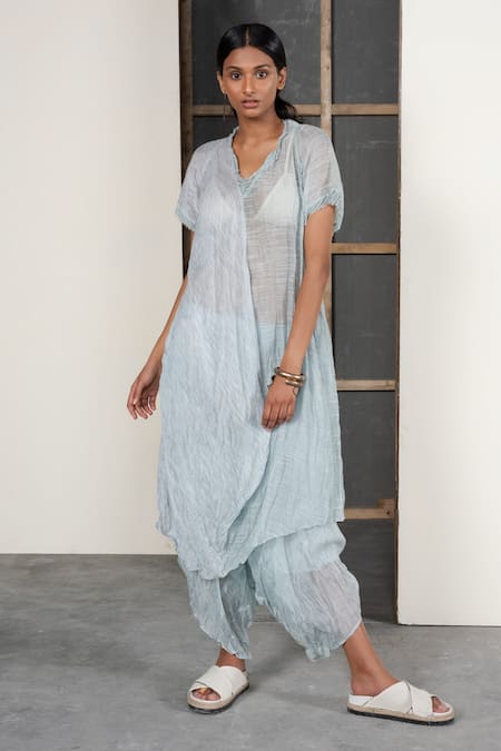 Urvashi Kaur Blue Chanderi Silk Round Neck Asymmetric Crushed Stripe Tunic Online at Aza Fashions Urvashi Kaur_Blue Chanderi Silk Round Neck Asymmetric Crushed Stripe Tunic _Online_at_Aza_Fashions