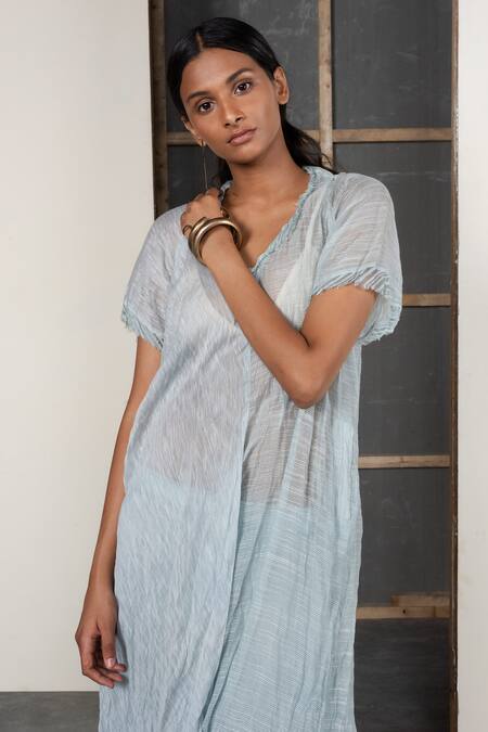 Buy Urvashi Kaur Blue Chanderi Silk Round Neck Asymmetric Crushed Stripe Tunic Online at Aza Fashions Buy_Urvashi Kaur_Blue Chanderi Silk Round Neck Asymmetric Crushed Stripe Tunic _Online_at_Aza_Fashions